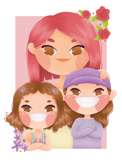 Illustration of a mother with two children