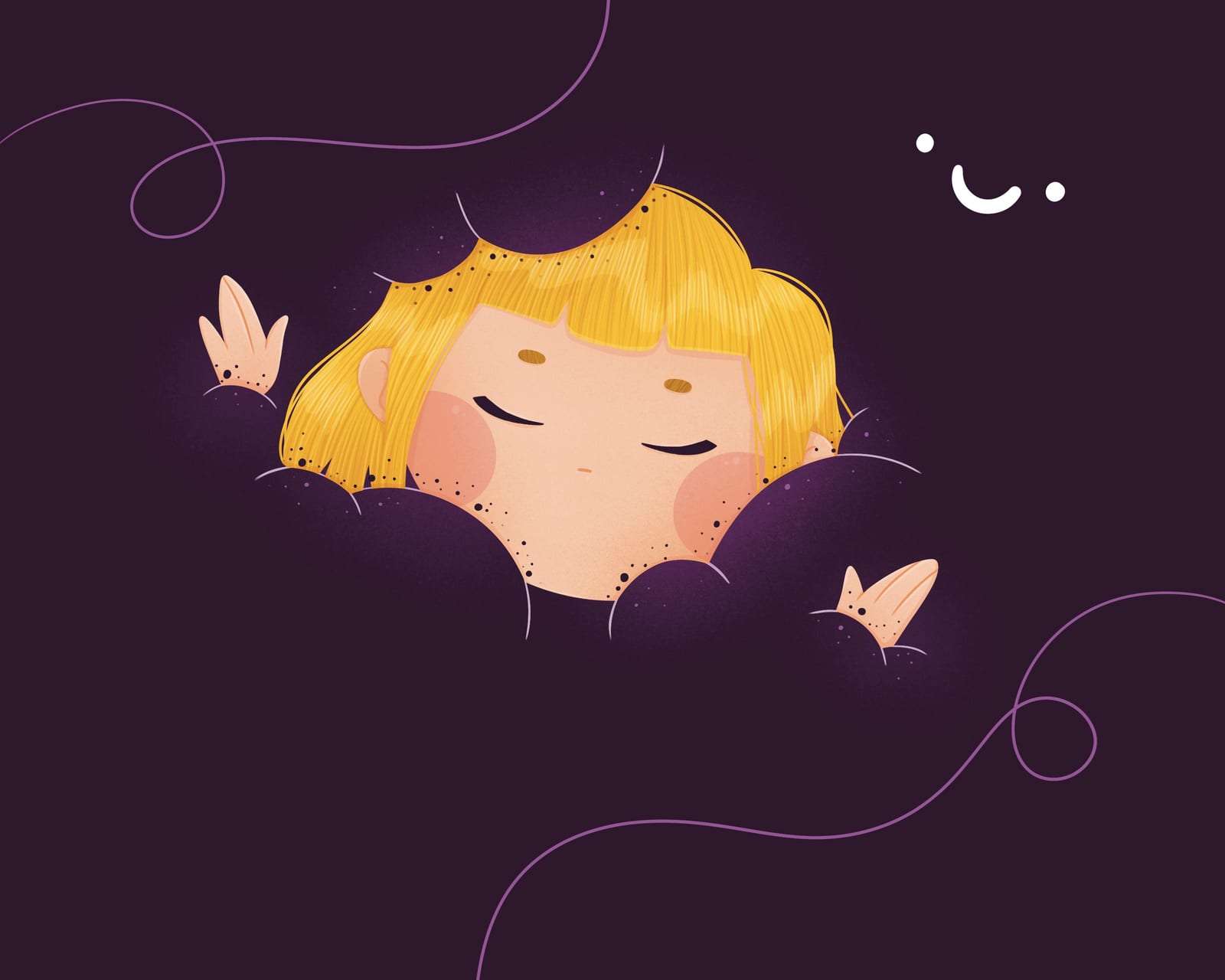 Illustration of a child and the cloud character at night